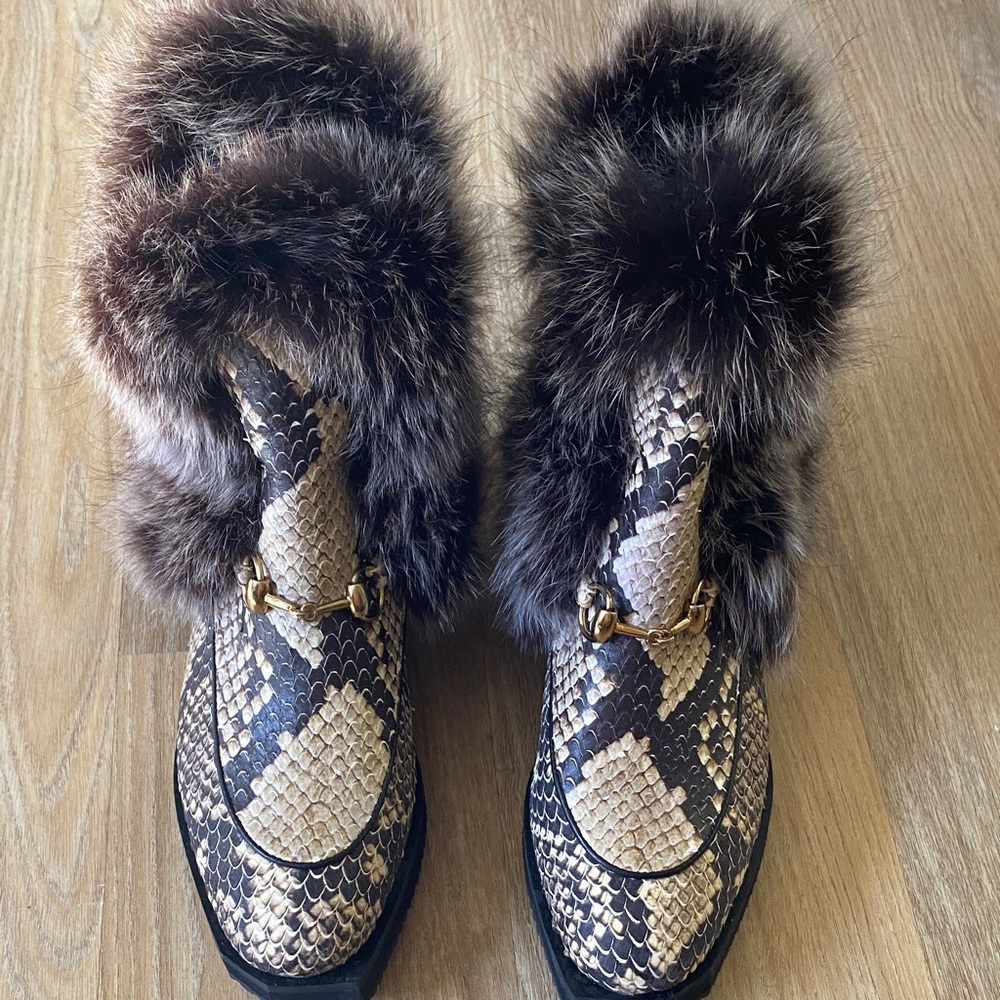 Elegant Faux Fur Trimmed Snakeskin Boots. New without tags.